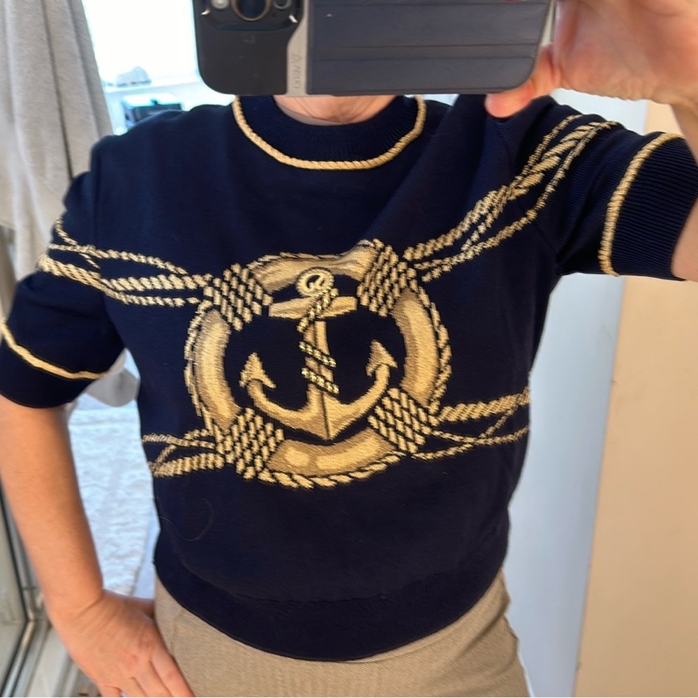 ST JOHN Navy Blue Nautical Short Sleeve Pullover Crop Sweater Sz L